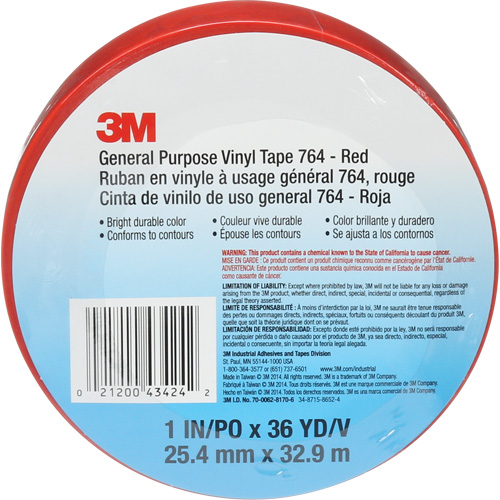 Ruban en vinyle pour travaux g&eacute;n&eacute;raux 764, 25,4 mm (1") la x 32,9 m (108') lo, 5 mils, Rouge Planification Entrepots Molloy