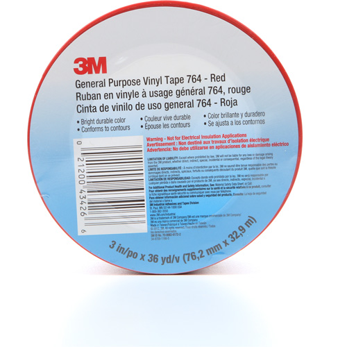 Ruban en vinyle pour travaux g&eacute;n&eacute;raux 764, 76 mm (3") la x 32,9 m (108') lo, 5 mils, Rouge Planification Entrepots Molloy