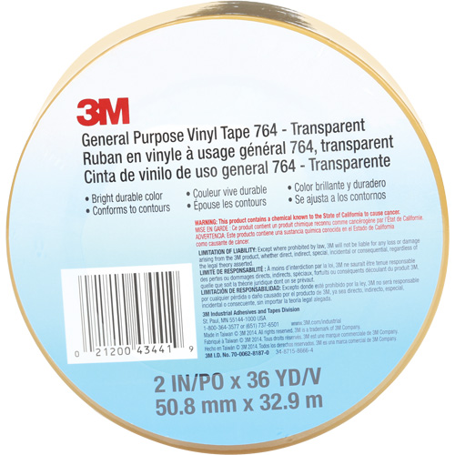 Ruban en vinyle pour travaux g&eacute;n&eacute;raux 764, 50,8 mm (2") la x 32,9 m (108') lo, 5 mils, Transparent Planification Entrepots Molloy