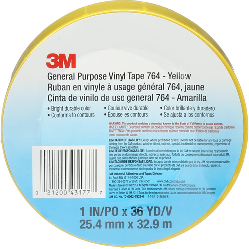Ruban en vinyle pour travaux g&eacute;n&eacute;raux 764, 25,4 mm (1") la x 32,9 m (108') lo, 5 mils, Jaune Planification Entrepots Molloy