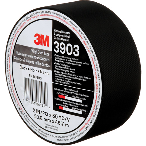 Rubans adh&eacute;sifs en vinyle 3903, 48 mm (2") la x 45 m (148') lo, 6,5 mils, Noir Planification Entrepots Molloy