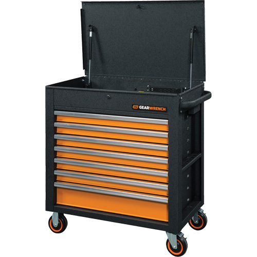 GSX Series Rolling Tool Cart with Tilt Top, 7 Drawers, 35" L x 20" W x 39" H, Black/Orange Planification Entrepots Molloy