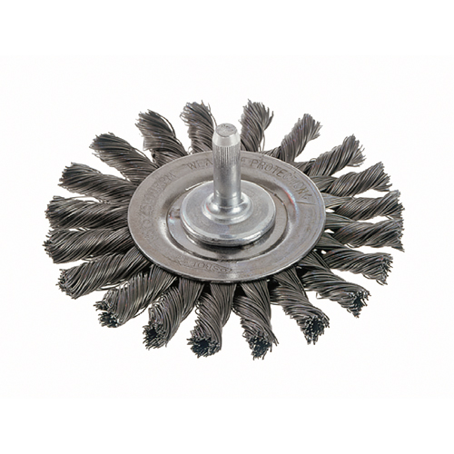 Brosses rotatives &agrave; fils nou&eacute;s - Brosse rotative &agrave; fils nou&eacute;s a/queue 1/4", fils nou&eacute;s standards, Dia. 4", Fils 0,014", Acier Planification Entrepots Molloy