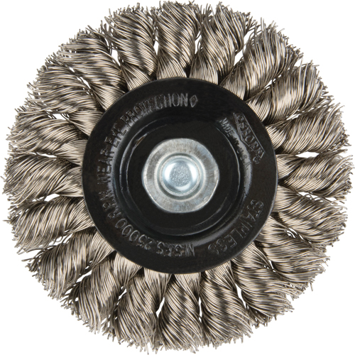 Brosses rotatives &agrave; fils nou&eacute;s - Brosse rotative &agrave; fils nou&eacute;s a/queue 1/4", Fils nou&eacute;s standards, Dia. 3", Fils 0,014", Acier inoxydable Planification Entrepots Molloy
