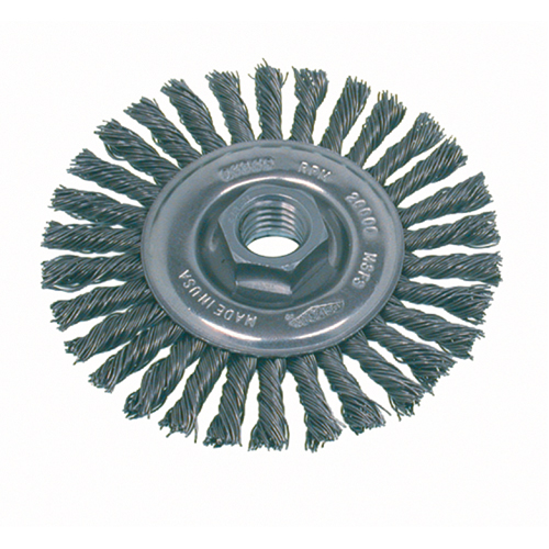 Brosse rotative &agrave; fils nou&eacute;s pour petites meuleuses haute vitesse, pour passe de fond, Dia. 4", Fils 0,02", Arbre 5/8"-11, Acier Planification Entrepots Molloy