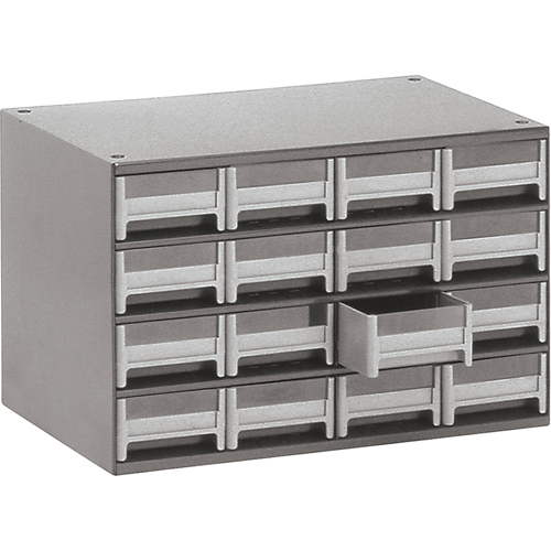 Modular Parts Cabinets, Steel, 16 Drawers, 17" x 10-9/16" x 2-1/8", Grey Planification Entrepots Molloy