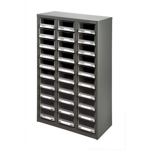 KPC-200 Parts Cabinet, Galvanized Steel, 30 Drawers, 21-3/10" x 10-2/5" x 36-9/10", Grey Planification Entrepots Molloy