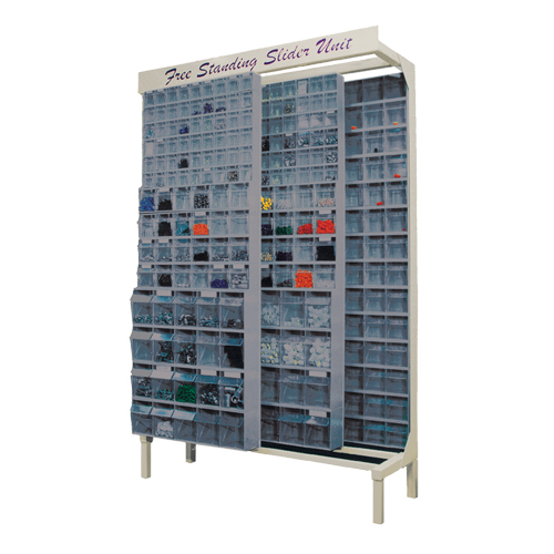 Free-Standing Tip-Out Bins Slider System, 48" W x 18" D x 77" H, 364 Drawers Planification Entrepots Molloy