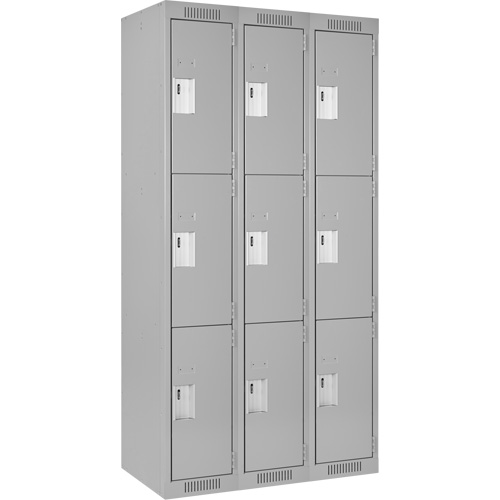 Clean Line Lockers, 3 -tier, Bank of 3, 36" x 18" x 72", Steel, Grey, Rivet (Assembled) Planification Entrepots Molloy