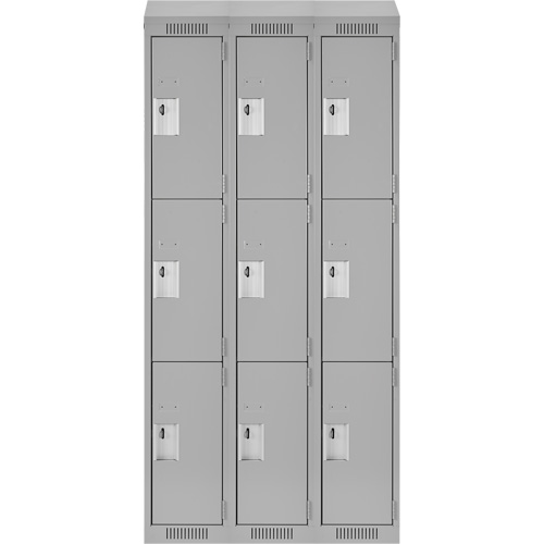 Clean Line Lockers, 3 -tier, Bank of 3, 36" x 18" x 78", Steel, Grey, Rivet (Assembled) Planification Entrepots Molloy
