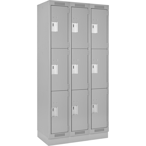 Clean Line Lockers, 3 -tier, Bank of 3, 36" x 18" x 76", Steel, Grey, Rivet (Assembled) Planification Entrepots Molloy