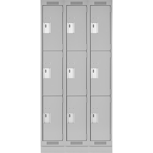 Clean Line Lockers, 3 -tier, Bank of 3, 36" x 18" x 76", Steel, Grey, Rivet (Assembled) Planification Entrepots Molloy