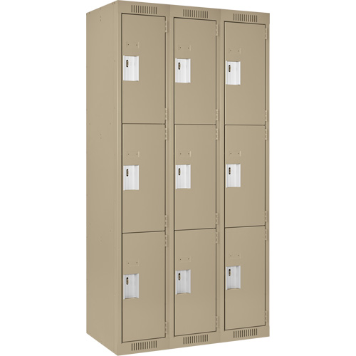 Clean Line Lockers, 3 -tier, Bank of 3, 36" x 18" x 72", Steel, Beige, Rivet (Assembled) Planification Entrepots Molloy