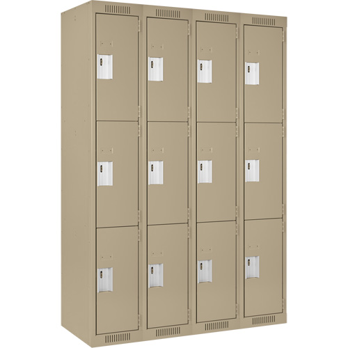 Clean Line Lockers, 3 -tier, Bank of 4, 48" x 18" x 72", Steel, Beige, Rivet (Assembled) Planification Entrepots Molloy