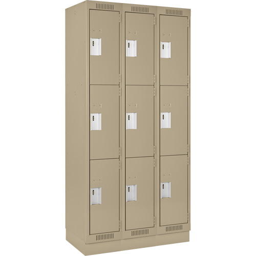 Clean Line Lockers, 3 -tier, Bank of 3, 36" x 18" x 76", Steel, Beige, Rivet (Assembled) Planification Entrepots Molloy