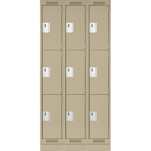 Clean Line Lockers, 3 -tier, Bank of 3, 36" x 18" x 76", Steel, Beige, Rivet (Assembled) Planification Entrepots Molloy