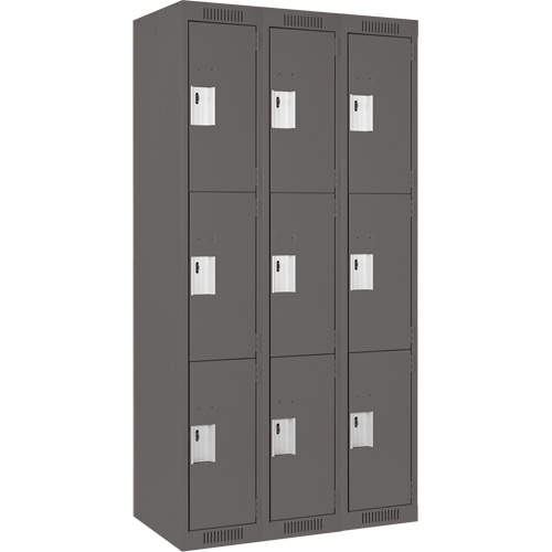 Clean Line Lockers, 3 -tier, Bank of 3, 36" x 18" x 72", Steel, Charcoal, Rivet (Assembled) Planification Entrepots Molloy