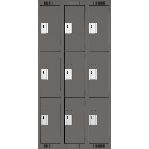 Clean Line Lockers, 3 -tier, Bank of 3, 36" x 18" x 72", Steel, Charcoal, Rivet (Assembled) Planification Entrepots Molloy