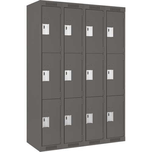 Clean Line Lockers, 3 -tier, Bank of 4, 48" x 18" x 72", Steel, Charcoal, Rivet (Assembled) Planification Entrepots Molloy