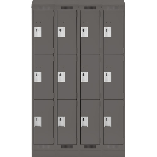 Clean Line Lockers, 3 -tier, Bank of 4, 48" x 18" x 82", Steel, Charcoal, Rivet (Assembled) Planification Entrepots Molloy