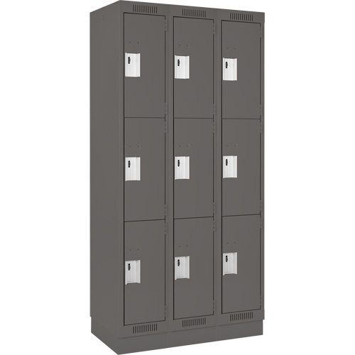 Clean Line Lockers, 3 -tier, Bank of 3, 36" x 18" x 76", Steel, Charcoal, Rivet (Assembled) Planification Entrepots Molloy