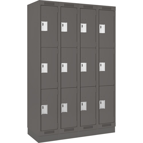 Clean Line Lockers, 3 -tier, Bank of 4, 48" x 18" x 76", Steel, Charcoal, Rivet (Assembled) Planification Entrepots Molloy