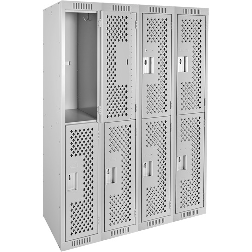Clean Line Lockers, 2 -tier, Bank of 4, 48" x 15" x 72", Steel, Grey, Rivet (Assembled), Perforated Planification Entrepots Molloy