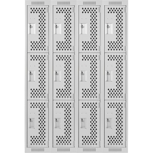 Clean Line Lockers, 3 -tier, Bank of 4, 48" x 12" x 72", Steel, Grey, Rivet (Assembled), Perforated Planification Entrepots Molloy