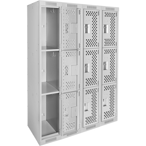 Clean Line Lockers, 3 -tier, Bank of 4, 48" x 12" x 72", Steel, Grey, Rivet (Assembled), Perforated Planification Entrepots Molloy