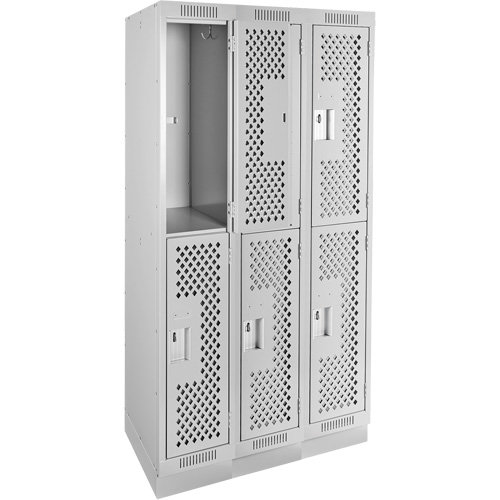 Clean Line Lockers, 2 -tier, Bank of 3, 36" x 12" x 76", Steel, Grey, Rivet (Assembled), Perforated Planification Entrepots Molloy