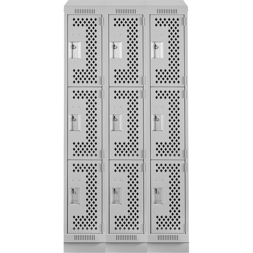 Clean Line Lockers, 3 -tier, Bank of 3, 36" x 15" x 82", Steel, Grey, Rivet (Assembled), Perforated Planification Entrepots Molloy