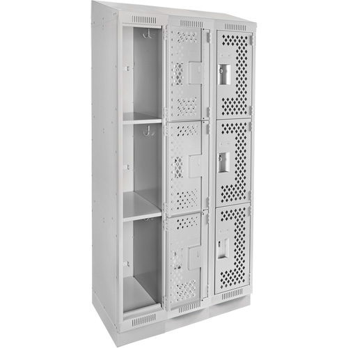 Clean Line Lockers, 3 -tier, Bank of 3, 36" x 15" x 82", Steel, Grey, Rivet (Assembled), Perforated Planification Entrepots Molloy