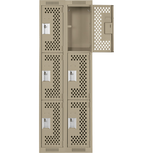 Clean Line Lockers, 3 -tier, Bank of 2, 24" x 12" x 72", Steel, Beige, Rivet (Assembled), Perforated Planification Entrepots Molloy