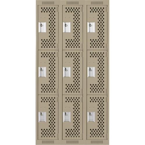 Clean Line Lockers, 3 -tier, Bank of 3, 36" x 12" x 72", Steel, Beige, Rivet (Assembled), Perforated Planification Entrepots Molloy