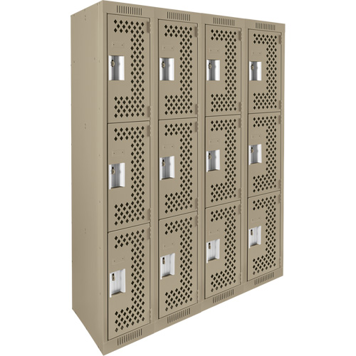 Clean Line Lockers, 3 -tier, Bank of 4, 48" x 12" x 72", Steel, Beige, Rivet (Assembled), Perforated Planification Entrepots Molloy