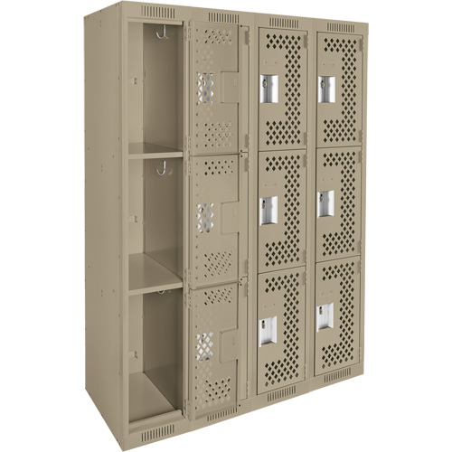 Clean Line Lockers, 3 -tier, Bank of 4, 48" x 12" x 72", Steel, Beige, Rivet (Assembled), Perforated Planification Entrepots Molloy
