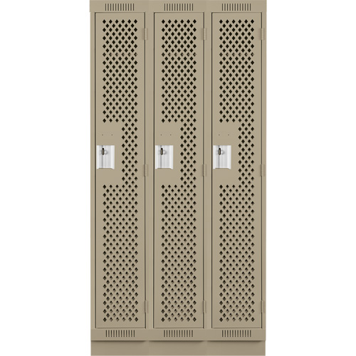 Clean Line Lockers, Bank of 3, 36" x 18" x 76", Steel, Beige, Rivet (Assembled), Perforated Planification Entrepots Molloy