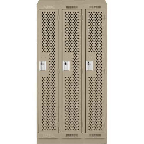 Clean Line Lockers, Bank of 3, 36" x 18" x 82", Steel, Beige, Rivet (Assembled), Perforated Planification Entrepots Molloy