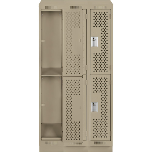 Clean Line Lockers, 2 -tier, Bank of 3, 36" x 15" x 82", Steel, Beige, Rivet (Assembled), Perforated Planification Entrepots Molloy