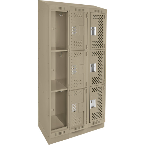 Clean Line Lockers, 3 -tier, Bank of 3, 36" x 15" x 82", Steel, Beige, Rivet (Assembled), Perforated Planification Entrepots Molloy