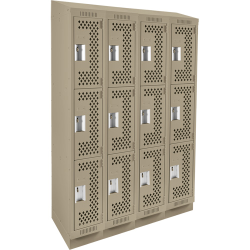 Clean Line Lockers, 3 -tier, Bank of 4, 48" x 15" x 82", Steel, Beige, Rivet (Assembled), Perforated Planification Entrepots Molloy