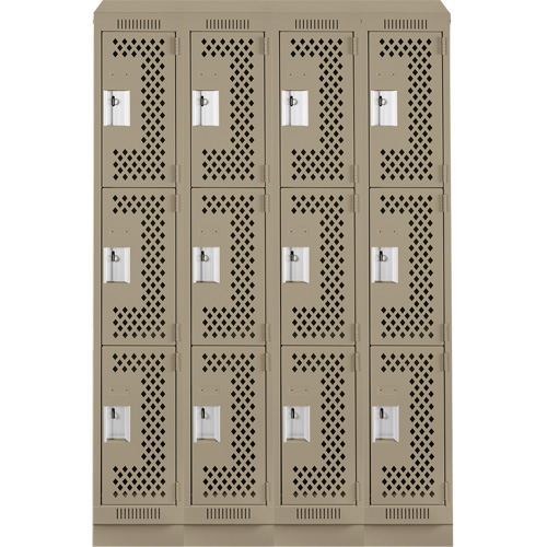 Clean Line Lockers, 3 -tier, Bank of 4, 48" x 15" x 82", Steel, Beige, Rivet (Assembled), Perforated Planification Entrepots Molloy