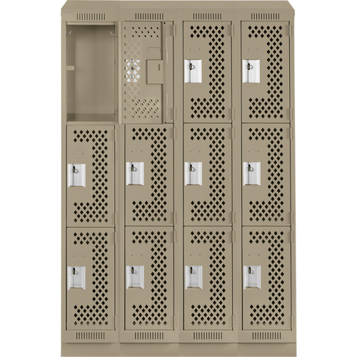 Clean Line Lockers, 3 -tier, Bank of 4, 48" x 15" x 82", Steel, Beige, Rivet (Assembled), Perforated Planification Entrepots Molloy