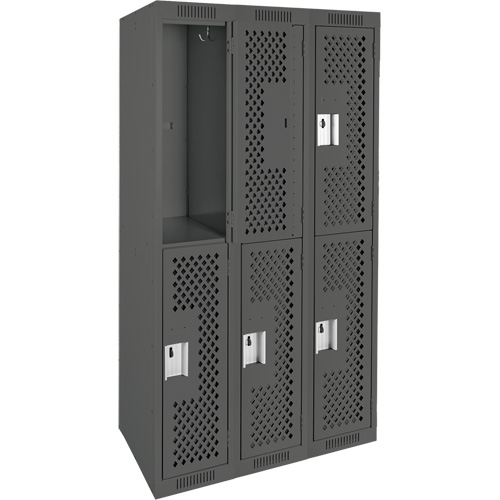 Clean Line Lockers, 2 -tier, Bank of 3, 36" x 12" x 72", Steel, Charcoal, Rivet (Assembled), Perforated Planification Entrepots Molloy