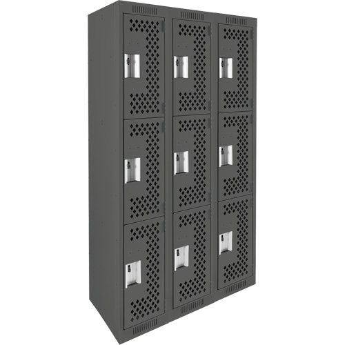 Clean Line Lockers, 3 -tier, Bank of 3, 36" x 12" x 72", Steel, Charcoal, Rivet (Assembled), Perforated Planification Entrepots Molloy