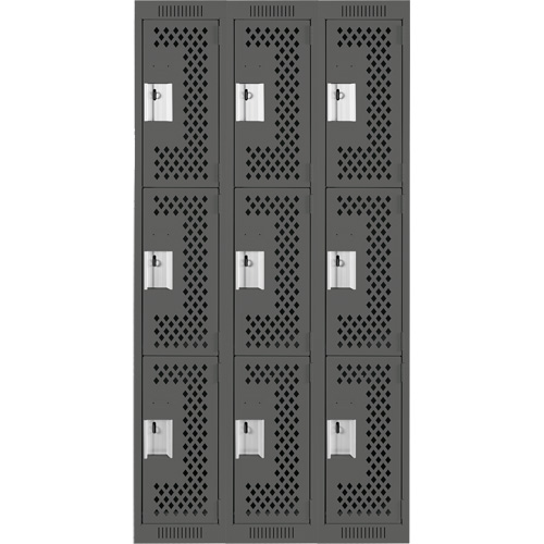 Clean Line Lockers, 3 -tier, Bank of 3, 36" x 12" x 72", Steel, Charcoal, Rivet (Assembled), Perforated Planification Entrepots Molloy