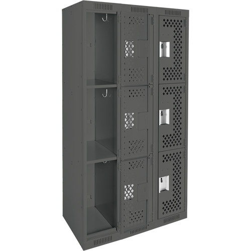 Clean Line Lockers, 3 -tier, Bank of 3, 36" x 12" x 72", Steel, Charcoal, Rivet (Assembled), Perforated Planification Entrepots Molloy
