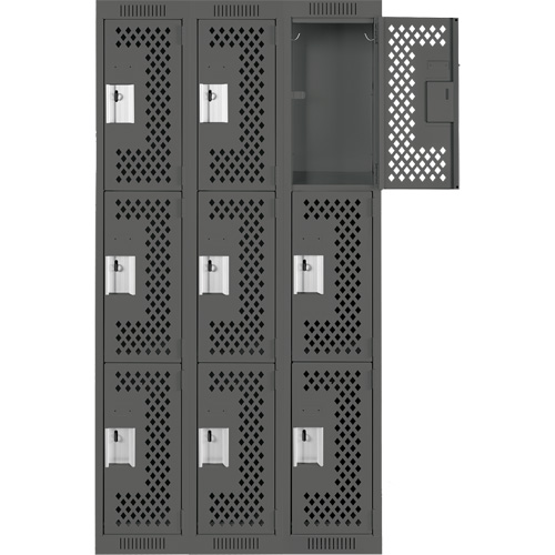 Clean Line Lockers, 3 -tier, Bank of 3, 36" x 12" x 72", Steel, Charcoal, Rivet (Assembled), Perforated Planification Entrepots Molloy