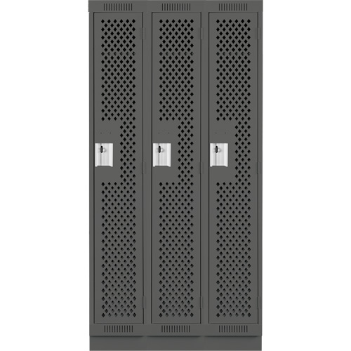 Clean Line Lockers, Bank of 3, 36" x 12" x 76", Steel, Charcoal, Rivet (Assembled), Perforated Planification Entrepots Molloy
