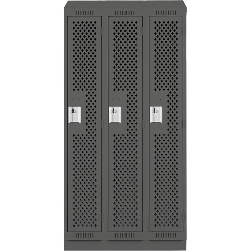 Clean Line Lockers, Bank of 3, 36" x 18" x 82", Steel, Charcoal, Rivet (Assembled), Perforated Planification Entrepots Molloy